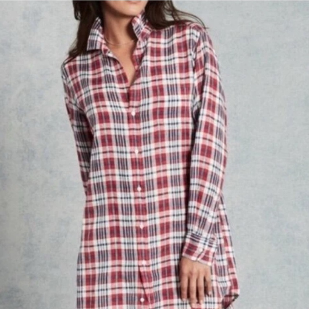 Frank & Eileen Murphy Linen Shirt Dress Womens L Red White Blue Plaid Bu…